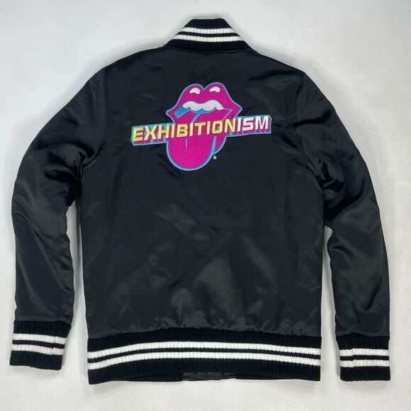 The Rolling Stones Exhibitionism Satin Bomber Jacket Women Small Black Musicc - Picture 1 of 6